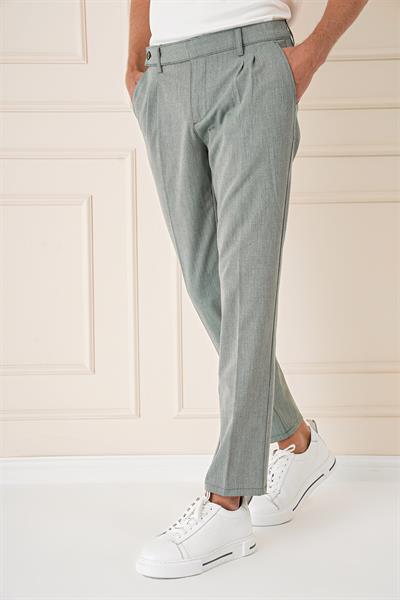 Comfort Fit Çift Pileli Dokulu Esnek Pamuk Yeşil Pantolon P 1158