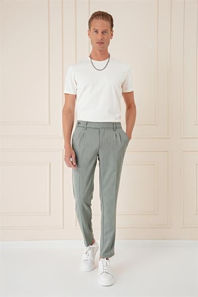 Comfort Fit Çift Pileli Dokulu Esnek Pamuk Yeşil Pantolon P 1158