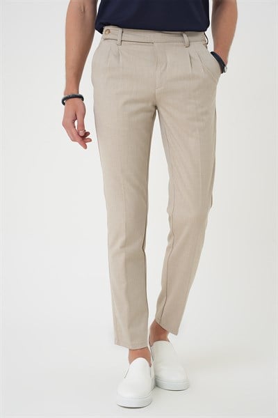 Comfort Fit Çift Pileli Dokulu Esnek Pamuklu Bej Pantolon P 1158