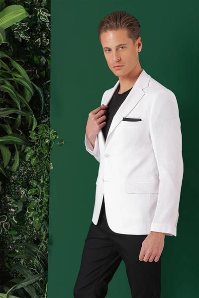 Comfort Fit Çift Yırtmaç %100 Keten Casual Beyaz Ceket C 668