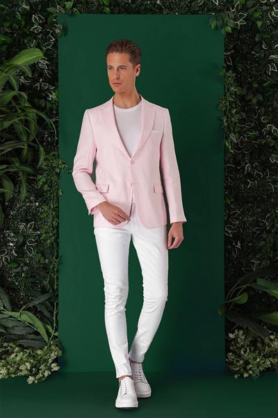 Comfort Fit Çift Yırtmaç %100 Keten Casual Pembe Ceket C 668