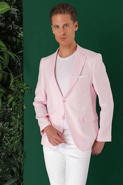 Comfort Fit Çift Yırtmaç %100 Keten Casual Pembe Ceket C 668