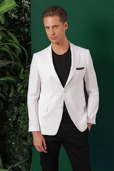 Comfort Fit Çift Yırtmaç %100 Keten Casual Beyaz Ceket C 668