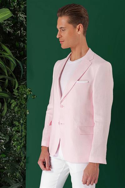 Comfort Fit Çift Yırtmaç %100 Keten Casual Pembe Ceket C 668