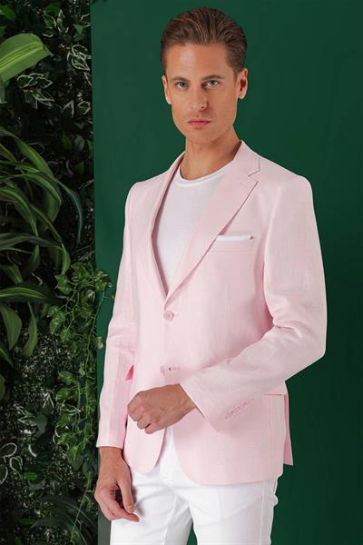 Comfort Fit Çift Yırtmaç %100 Keten Casual Pembe Ceket C 668