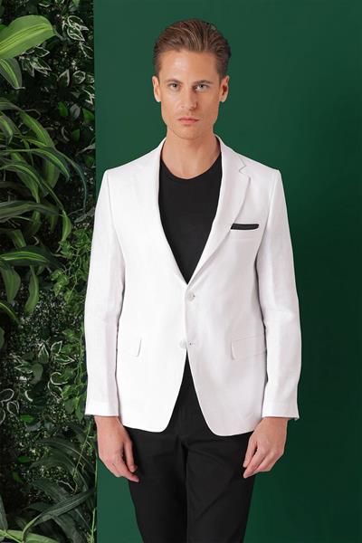 Comfort Fit Çift Yırtmaç %100 Keten Casual Beyaz Ceket C 668