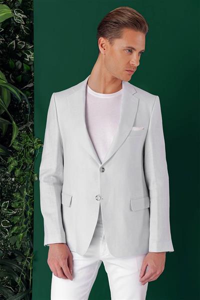 Comfort Fit Çift Yırtmaç %100 Keten Casual Mavi Ceket C 668