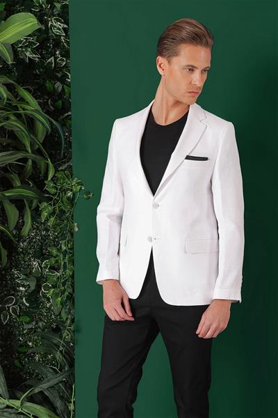 Comfort Fit Çift Yırtmaç %100 Keten Casual Beyaz Ceket C 668