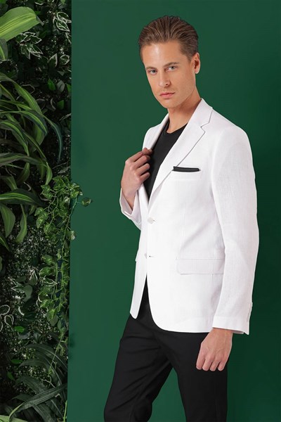 Comfort Fit Çift Yırtmaç %100 Keten Casual Beyaz Ceket C 668