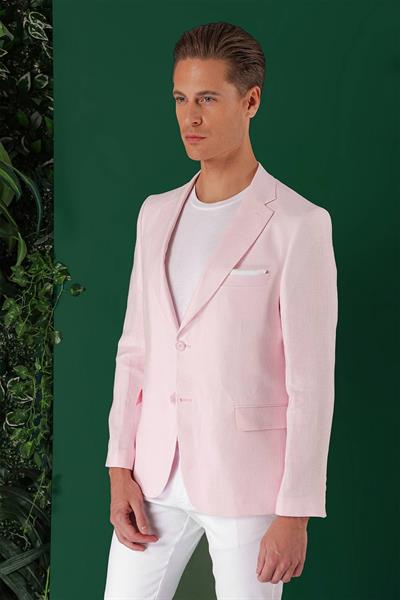 Comfort Fit Çift Yırtmaç %100 Keten Casual Pembe Ceket C 668