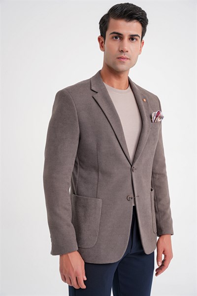 Comfort Fit Çift Yırtmaç Armürlü Esnek Pamuklu Vizon Ceket C 723