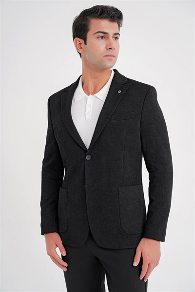 Comfort Fit Çift Yırtmaç Armürlü Esnek Pamuklu Siyah Ceket C 723