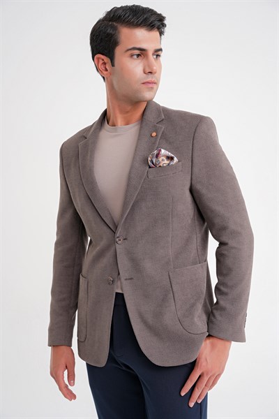 Comfort Fit Çift Yırtmaç Armürlü Esnek Pamuklu Vizon Ceket C 723