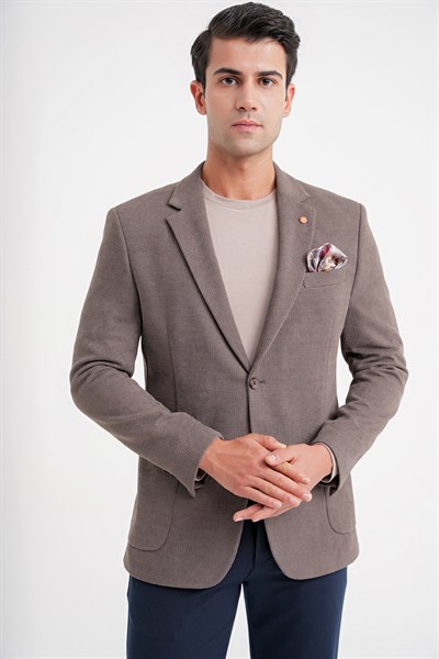 Comfort Fit Çift Yırtmaç Armürlü Esnek Pamuklu Vizon Ceket C 723