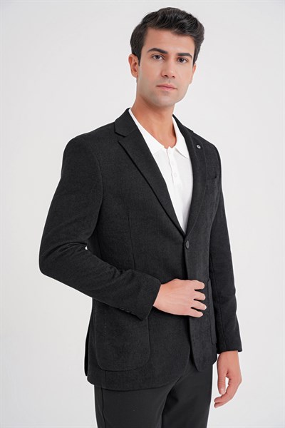 Comfort Fit Çift Yırtmaç Armürlü Esnek Pamuklu Siyah Ceket C 723