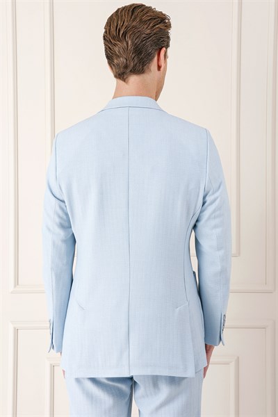 Comfort Fit Çift Yırtmaç Balıksırtı Dokuma Pamuklu Mavi Ceket C 672