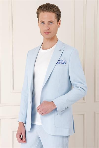 Comfort Fit Çift Yırtmaç Balıksırtı Dokuma Pamuk Casual Mavi Ceket C 672