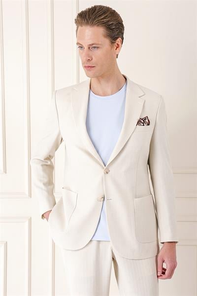 Comfort Fit Çift Yırtmaç Balıksırtı Dokuma Pamuk Casual Bej Ceket C 672