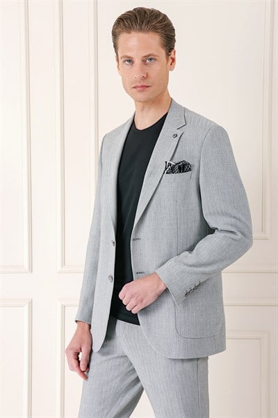 Comfort Fit Çift Yırtmaç Balıksırtı Dokuma Pamuklu Gri Ceket C 672