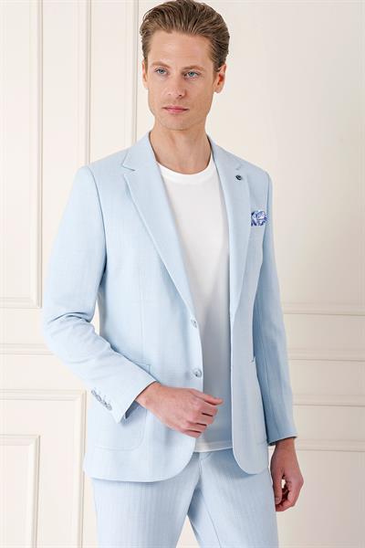 Comfort Fit Çift Yırtmaç Balıksırtı Dokuma Pamuk Casual Mavi Ceket C 672