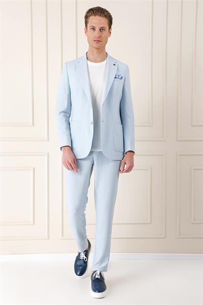 Comfort Fit Çift Yırtmaç Balıksırtı Dokuma Pamuk Casual Mavi Ceket C 672