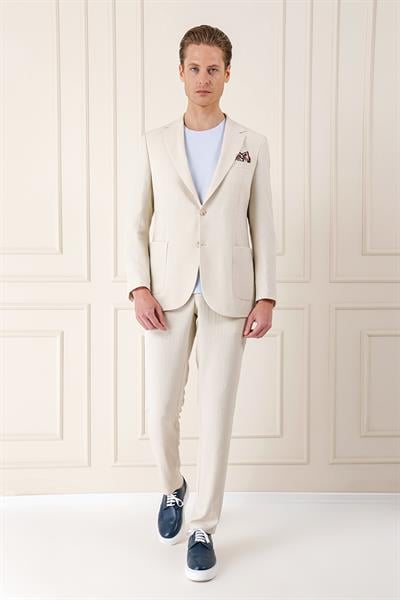 Comfort Fit Çift Yırtmaç Balıksırtı Dokuma Pamuk Casual Bej Ceket C 672