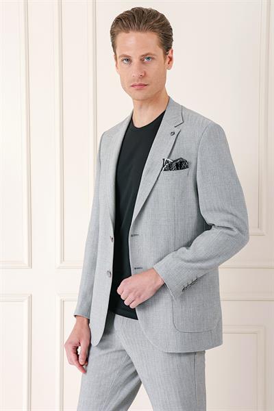 Comfort Fit Çift Yırtmaç Balıksırtı Dokuma Pamuklu Gri Ceket C 672