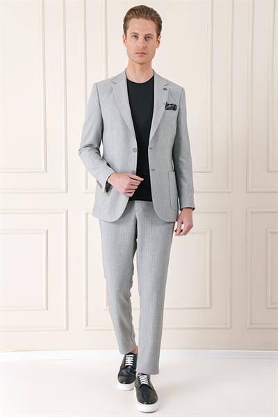 Comfort Fit Çift Yırtmaç Balıksırtı Dokuma Pamuklu Gri Ceket C 672