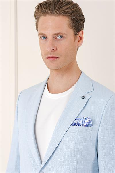 Comfort Fit Çift Yırtmaç Balıksırtı Dokuma Pamuk Casual Mavi Ceket C 672