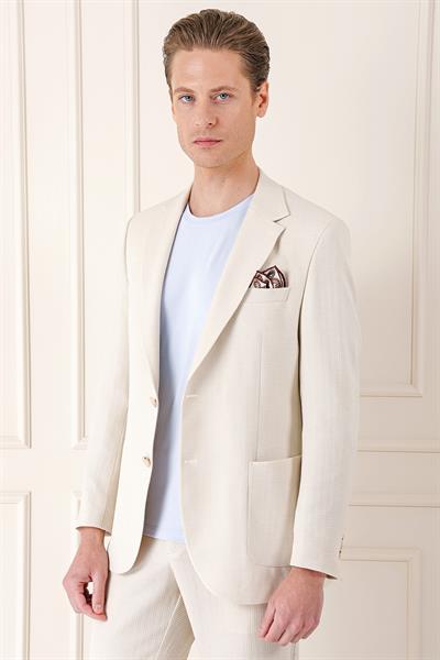 Comfort Fit Çift Yırtmaç Balıksırtı Dokuma Pamuk Casual Bej Ceket C 672