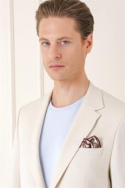 Comfort Fit Çift Yırtmaç Balıksırtı Dokuma Pamuk Casual Bej Ceket C 672