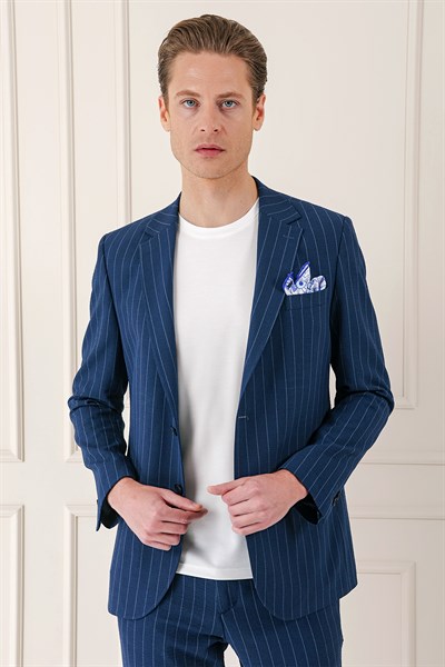 Comfort Fit Çift Yırtmaç Çizgili Pamuk Casual Lacivert Ceket C 674