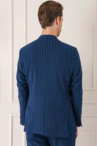 Comfort Fit Çift Yırtmaç Çizgili Pamuk Casual Lacivert Ceket C 674