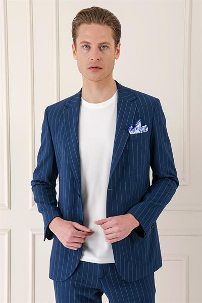 Comfort Fit Çift Yırtmaç Çizgili Pamuk Casual Lacivert Ceket C 674