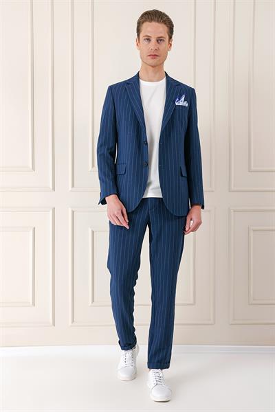 Comfort Fit Çift Yırtmaç Çizgili Pamuk Casual Lacivert Ceket C 674