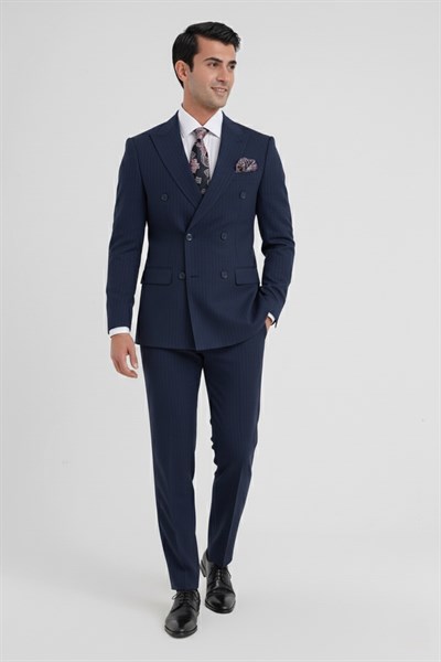 Comfort Fit Çift Yırtmaç Dikine Çizgili Esnek Lacivert Kruvaze Takım Elbise TK 932