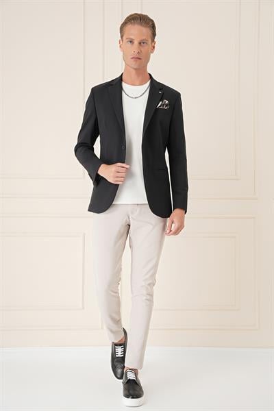 Comfort Fit Çift Yırtmaç Fleto Cep Esnek Pamuk Casual Siyah Ceket C 675