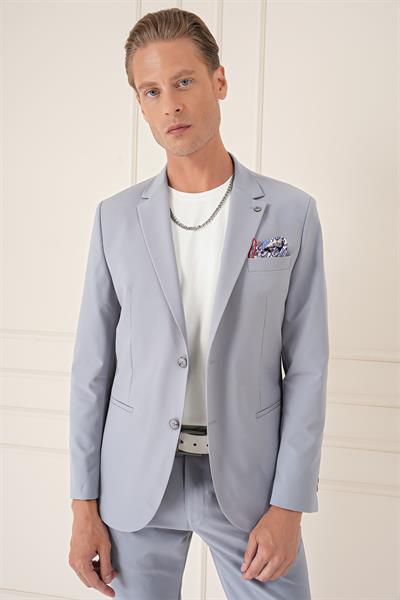 Comfort Fit Çift Yırtmaç Fleto Cep Esnek Pamuk Casual Gri Mavi Ceket C 675