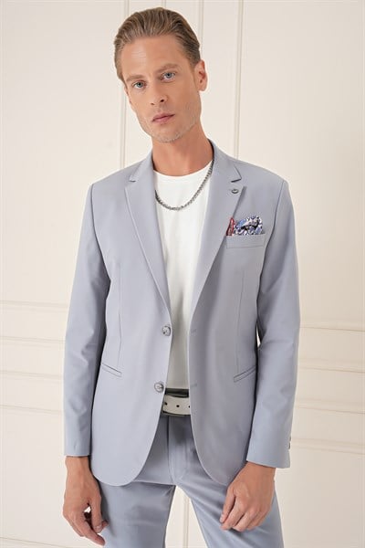 Comfort Fit Çift Yırtmaç Fleto Cep Esnek Pamuk Casual Gri Mavi Ceket C 675