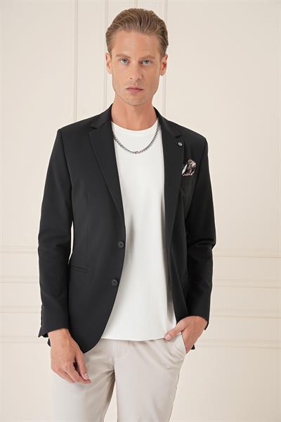 Comfort Fit Çift Yırtmaç Fleto Cep Esnek Pamuk Casual Siyah Ceket C 675