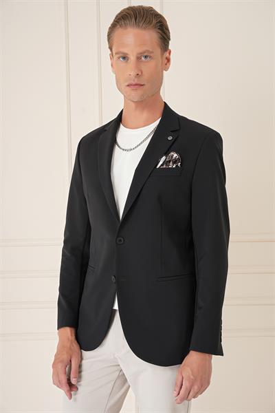 Comfort Fit Çift Yırtmaç Fleto Cep Esnek Pamuk Casual Siyah Ceket C 675