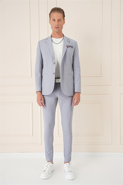 Comfort Fit Çift Yırtmaç Fleto Cep Esnek Pamuk Casual Gri Mavi Ceket C 675