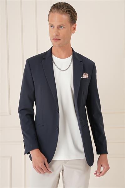 Comfort Fit Çift Yırtmaç Fleto Cep Esnek Pamuk Casual Lacivert Ceket C 675