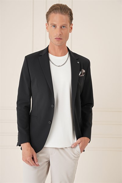 Comfort Fit Çift Yırtmaç Fleto Cep Esnek Pamuk Casual Siyah Ceket C 675