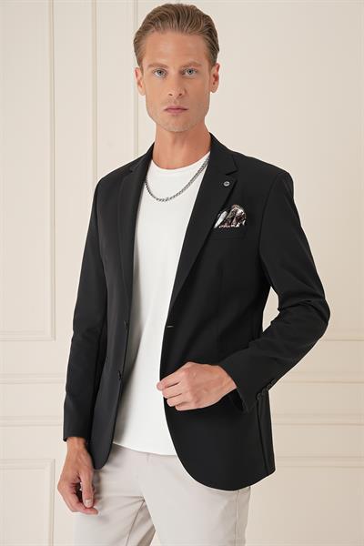 Comfort Fit Çift Yırtmaç Fleto Cep Esnek Pamuk Casual Siyah Ceket C 675