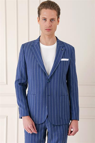 Comfort Fit Çift Yırtmaç İtalyan Çizgili Keten Casual İndigo Ceket C 671