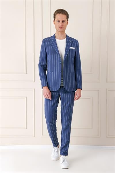 Comfort Fit Çift Yırtmaç İtalyan Çizgili Keten Casual İndigo Ceket C 671
