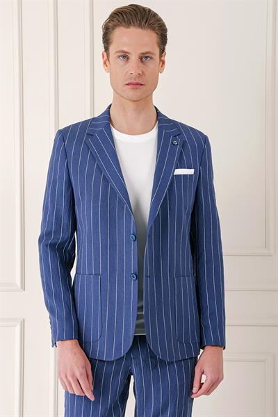 Comfort Fit Çift Yırtmaç İtalyan Çizgili Keten Casual İndigo Ceket C 671