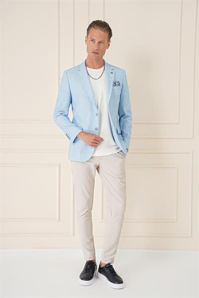 Comfort Fit Çift Yırtmaç Kırçıllı Keten Casual Mavi Ceket C 677