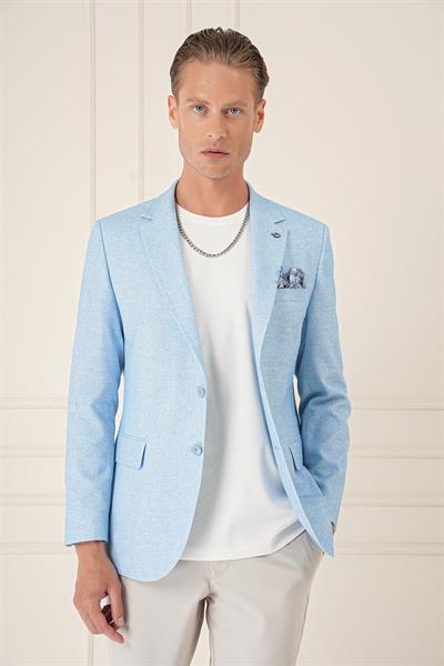 Comfort Fit Çift Yırtmaç Kırçıllı Keten Casual Mavi Ceket C 677